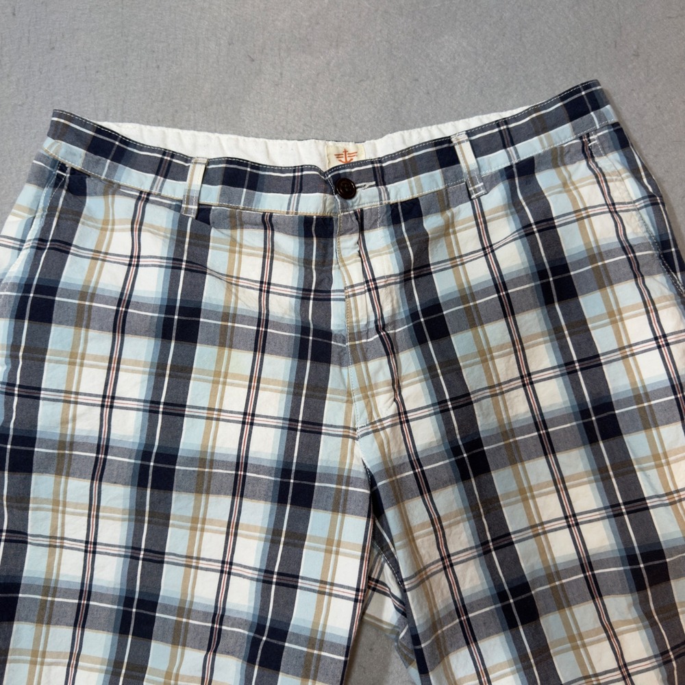Dockers Plaid Flat Front Shorts Mens Size 36 Blue Tan White Cotton Casual